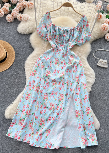 Novelty Blue Square Collar Front Side Open Cotton Long Dress Summer TR028