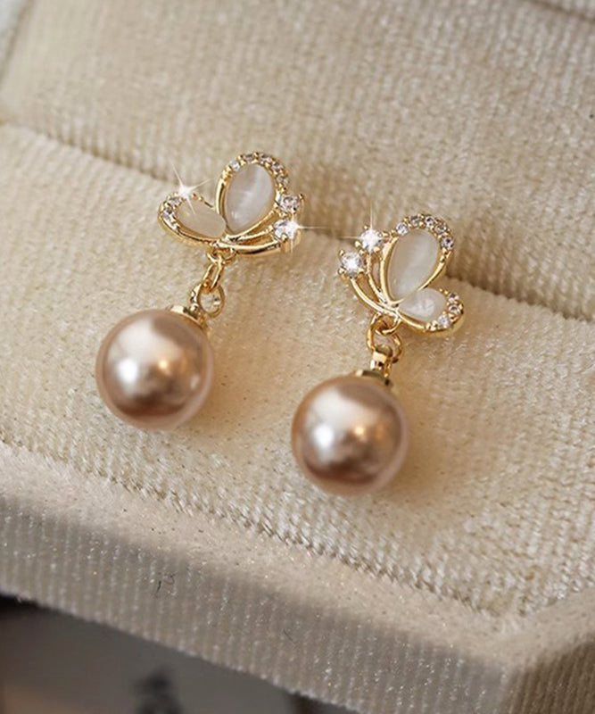 Novelty Copper Earrings Butterfly Pearl Champagne Drop Zircon