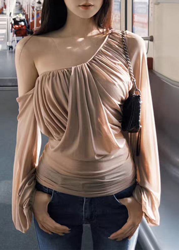 Ärmel Tops Wrinkled One Tüll Khaki Laterne Neuheit Schulter