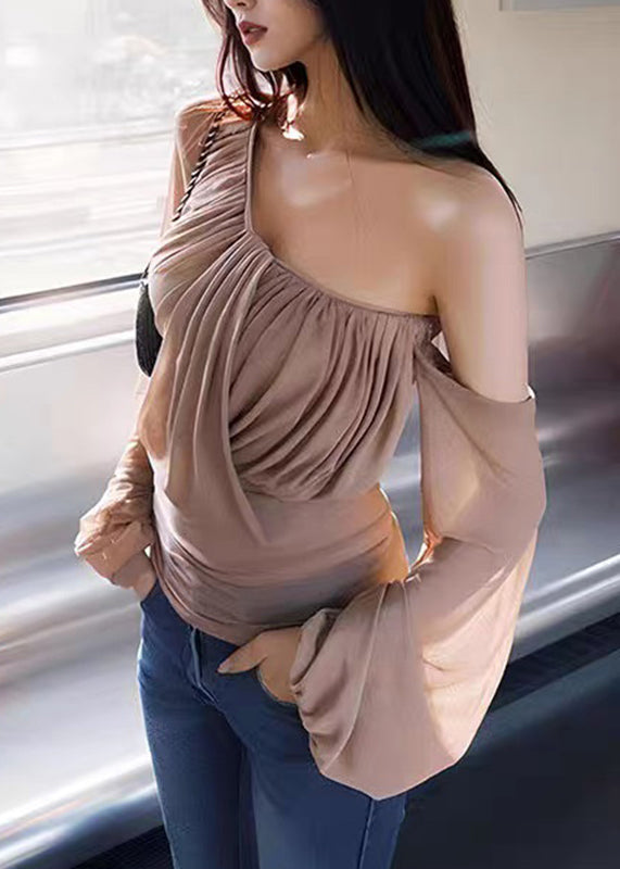 Ärmel Tops Wrinkled One Tüll Khaki Laterne Neuheit Schulter