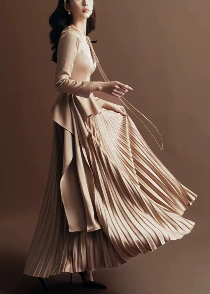 Lace Silk Khaki Novelty Up Dress Wrinkled Long Fall