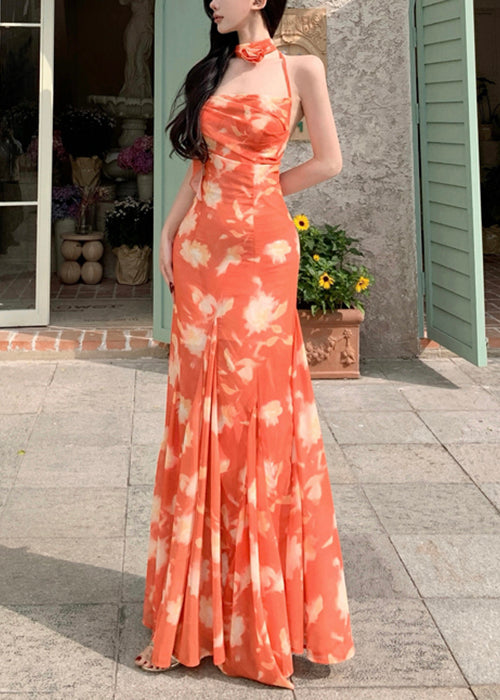Robe longue orange sans manches à lacets et imprimé fantaisie en mousseline de soie