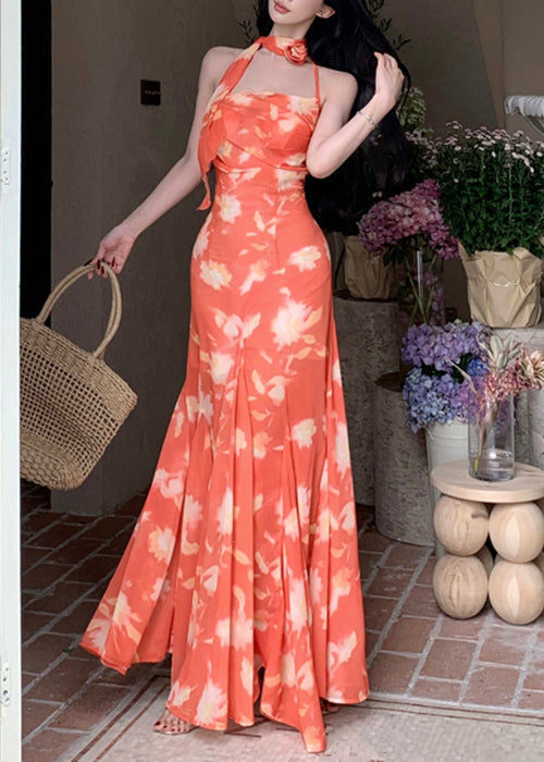 Robe longue orange sans manches à lacets et imprimé fantaisie en mousseline de soie