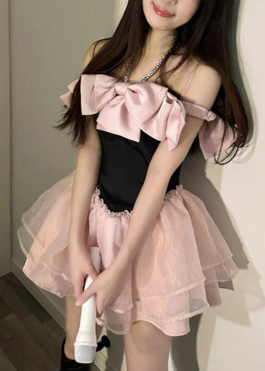 Novelty Pink Bow Zircon Tulle Patchwork Mid Dress Summer XX054