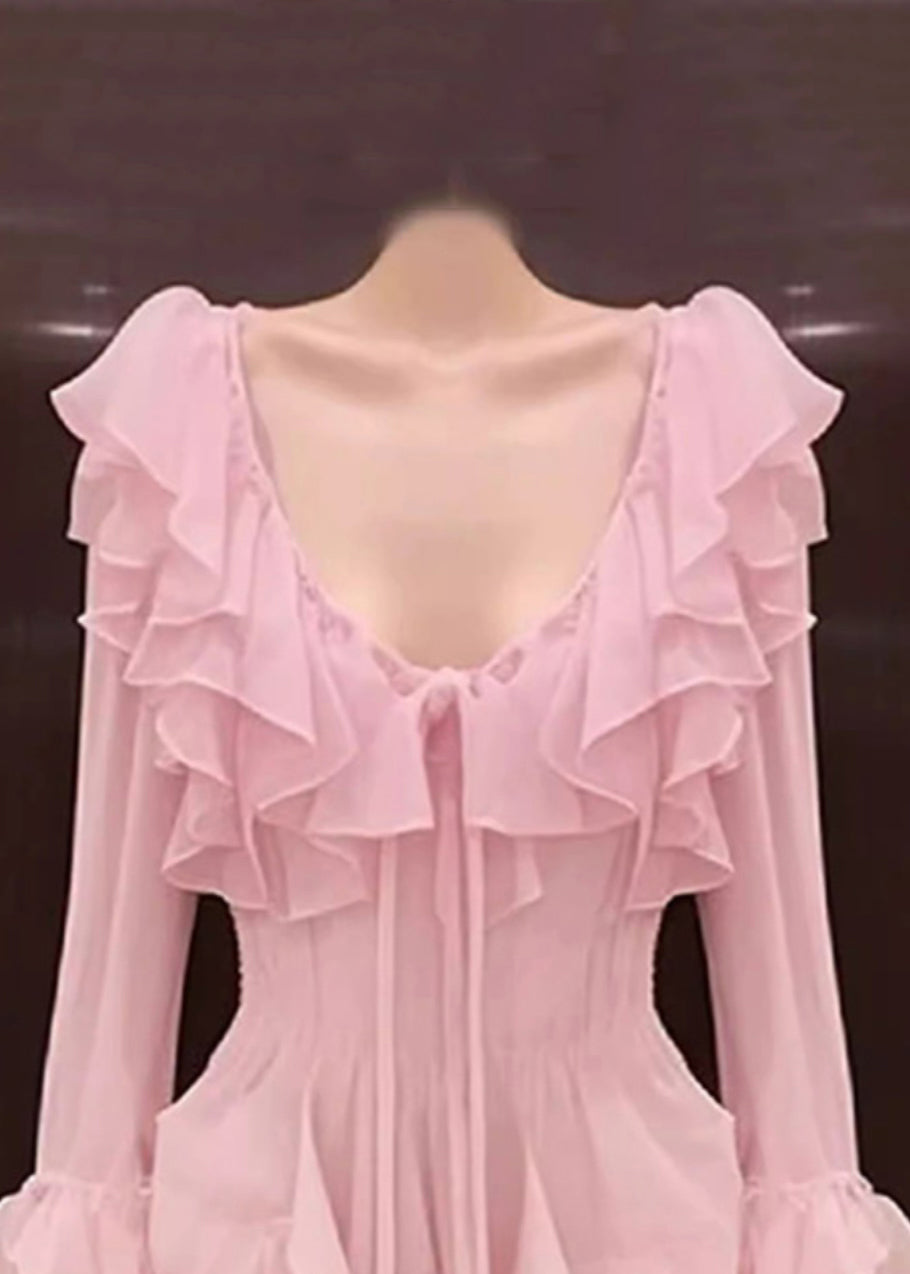 Novelty Pink Ruffled Lace Up Chiffon Mid Dress Long Sleeve EE1050