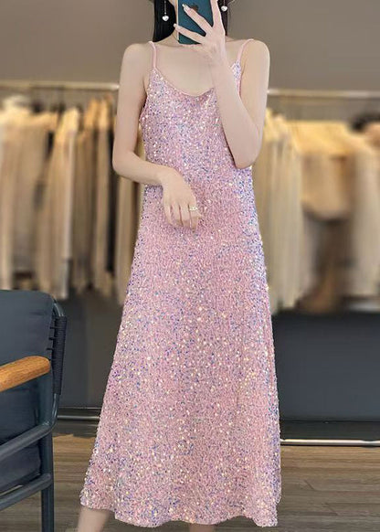 Novelty Pink V Neck Sequins Spaghetti Strap Dress Sleeveless AB1043