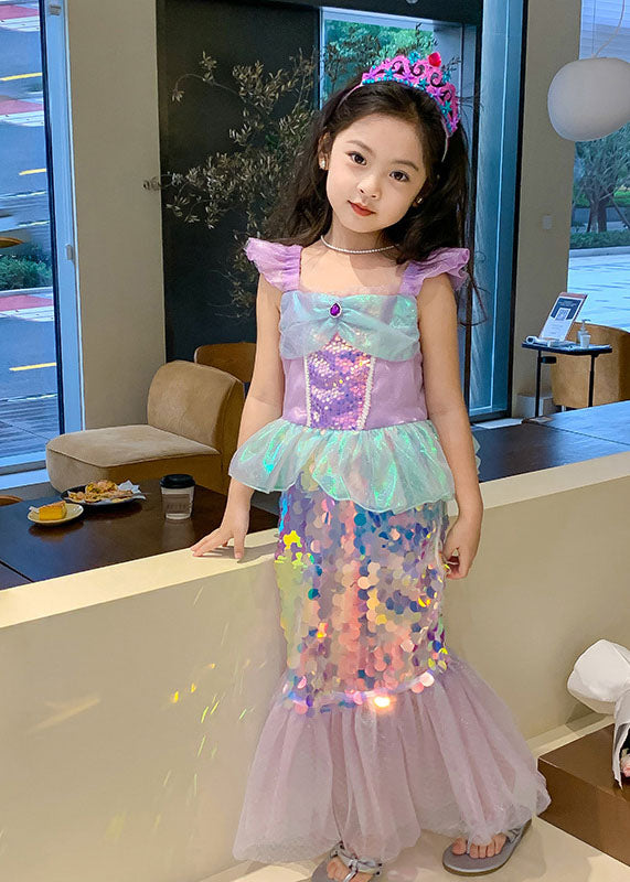 Neuheit Lila Quadrat Kragen Pailletten Tüll Kinder Meerjungfrau Maxi Kleid Kurzarm YE011