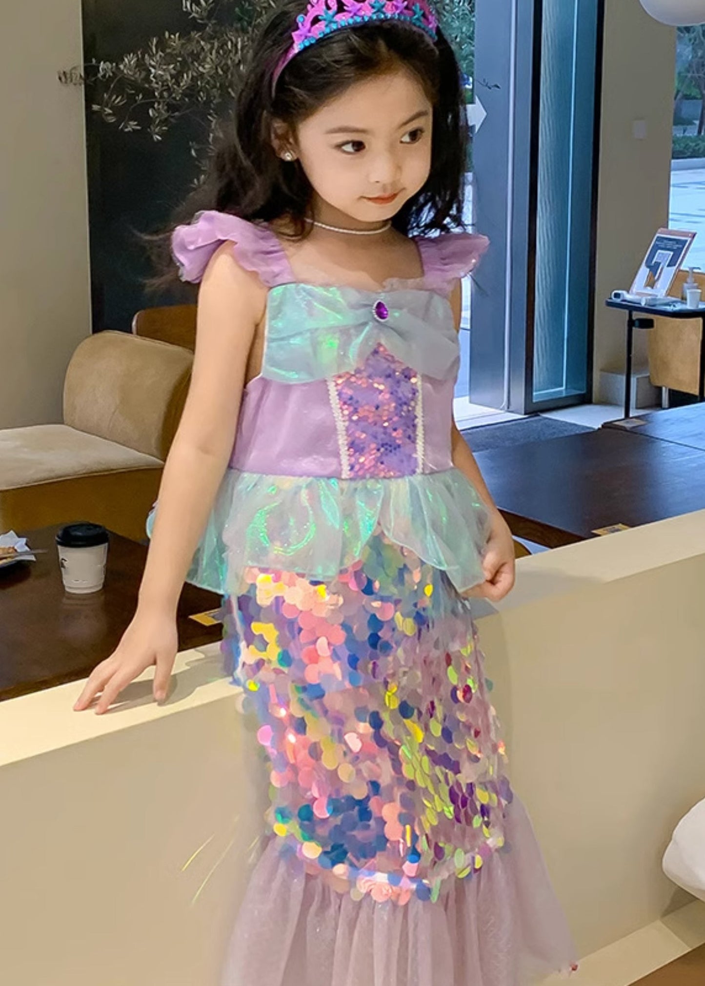 Neuheit Lila Quadrat Kragen Pailletten Tüll Kinder Meerjungfrau Maxi Kleid Kurzarm YE011