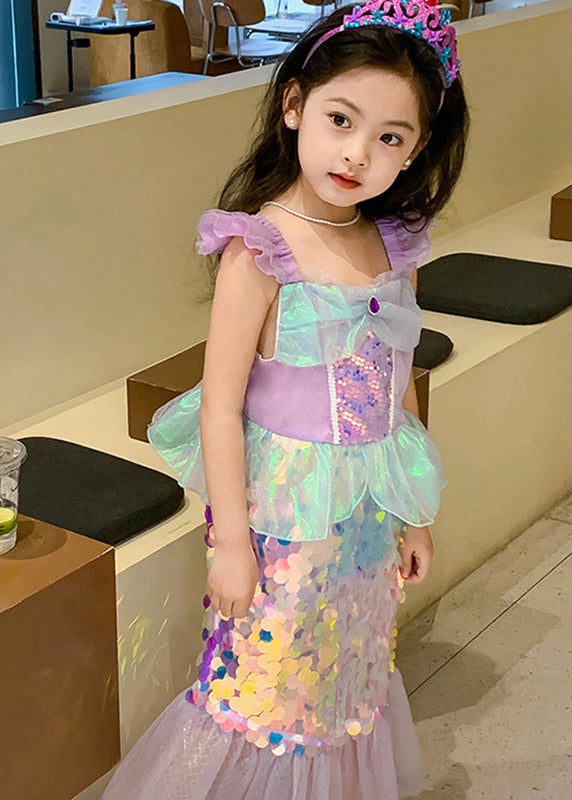 Neuheit Lila Quadrat Kragen Pailletten Tüll Kinder Meerjungfrau Maxi Kleid Kurzarm YE011