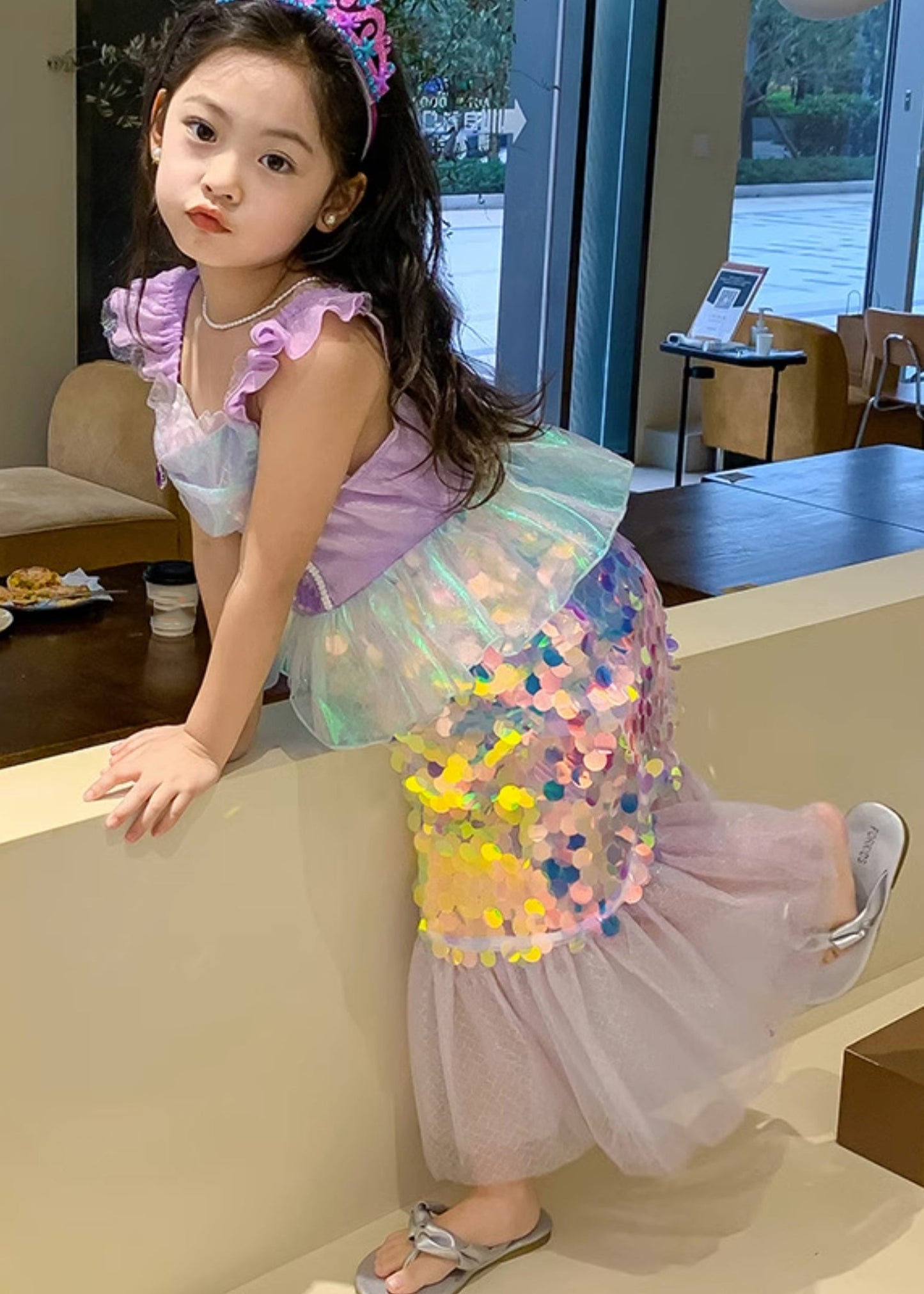 Neuheit Lila Quadrat Kragen Pailletten Tüll Kinder Meerjungfrau Maxi Kleid Kurzarm YE011