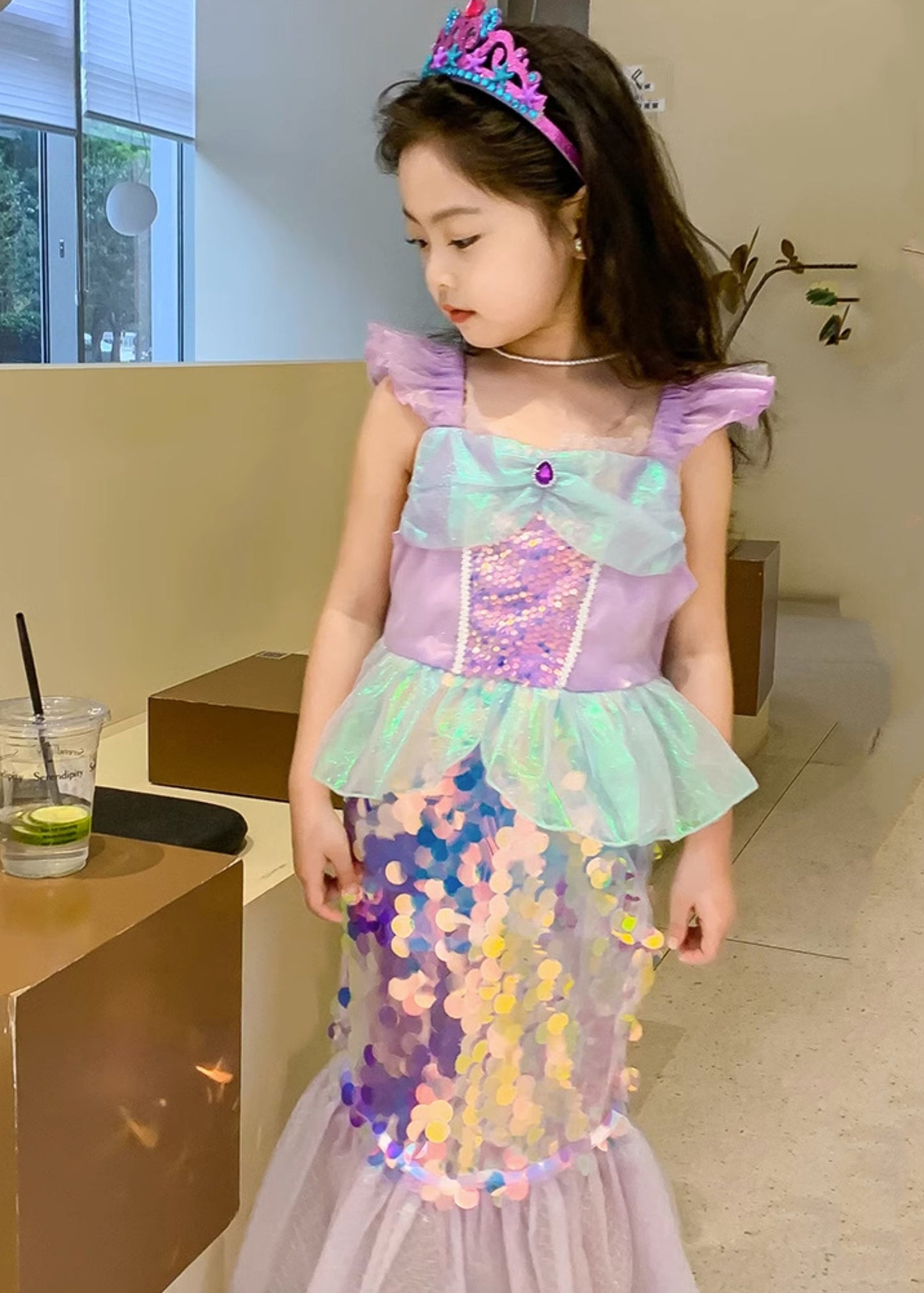 Neuheit Lila Quadrat Kragen Pailletten Tüll Kinder Meerjungfrau Maxi Kleid Kurzarm YE011