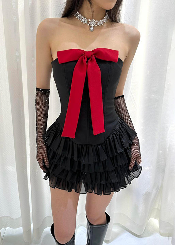 Novelty Red Cold Shoulder Bow Cotton Two Pieces Set Sleeveless KK087