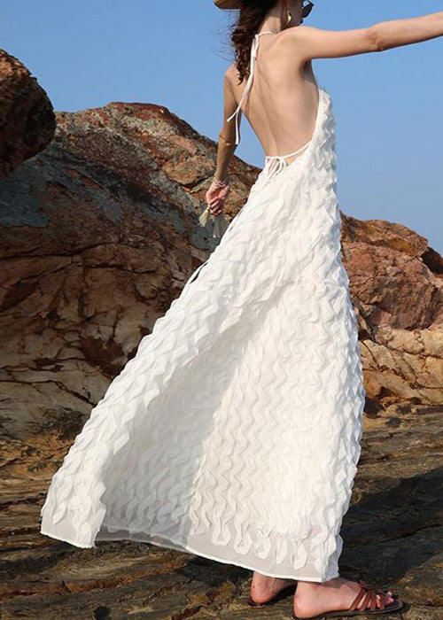 Robe longue en mousseline de soie blanche fantaisie dos nu à lacets sans manches XX033