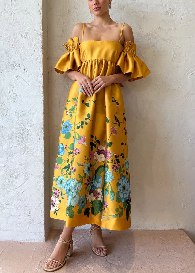 Robe fantaisie à bretelles spaghetti en coton avec poches et imprimé jaune et manches évasées FF096