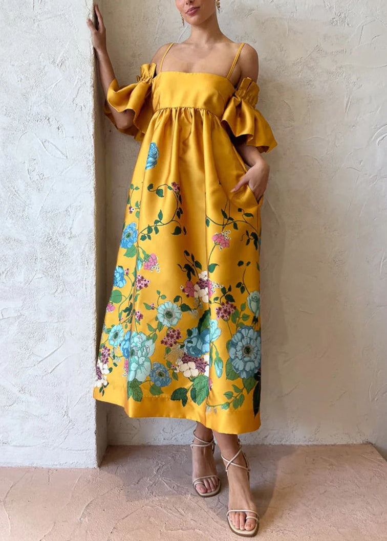 Robe fantaisie à bretelles spaghetti en coton avec poches et imprimé jaune et manches évasées FF096