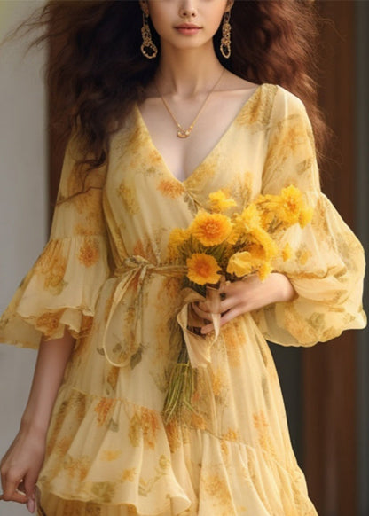 Novelty Yellow Ruffled Print Tie Waist Chiffon Dresses Summer KJ025