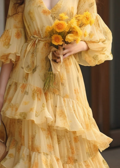 Novelty Yellow Ruffled Print Tie Waist Chiffon Dresses Summer KJ025