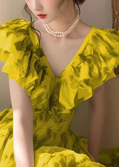 Novelty Yellow V Neck Print High Waist Dresses Sleeveless QT055