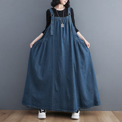 Classy Navy Oversized Exra Large Hem Denim Strap Dresses Fall AH347