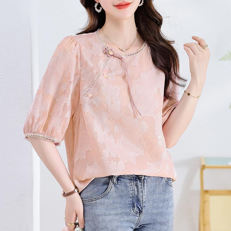 Chemise jacquard rose à boutons chinois