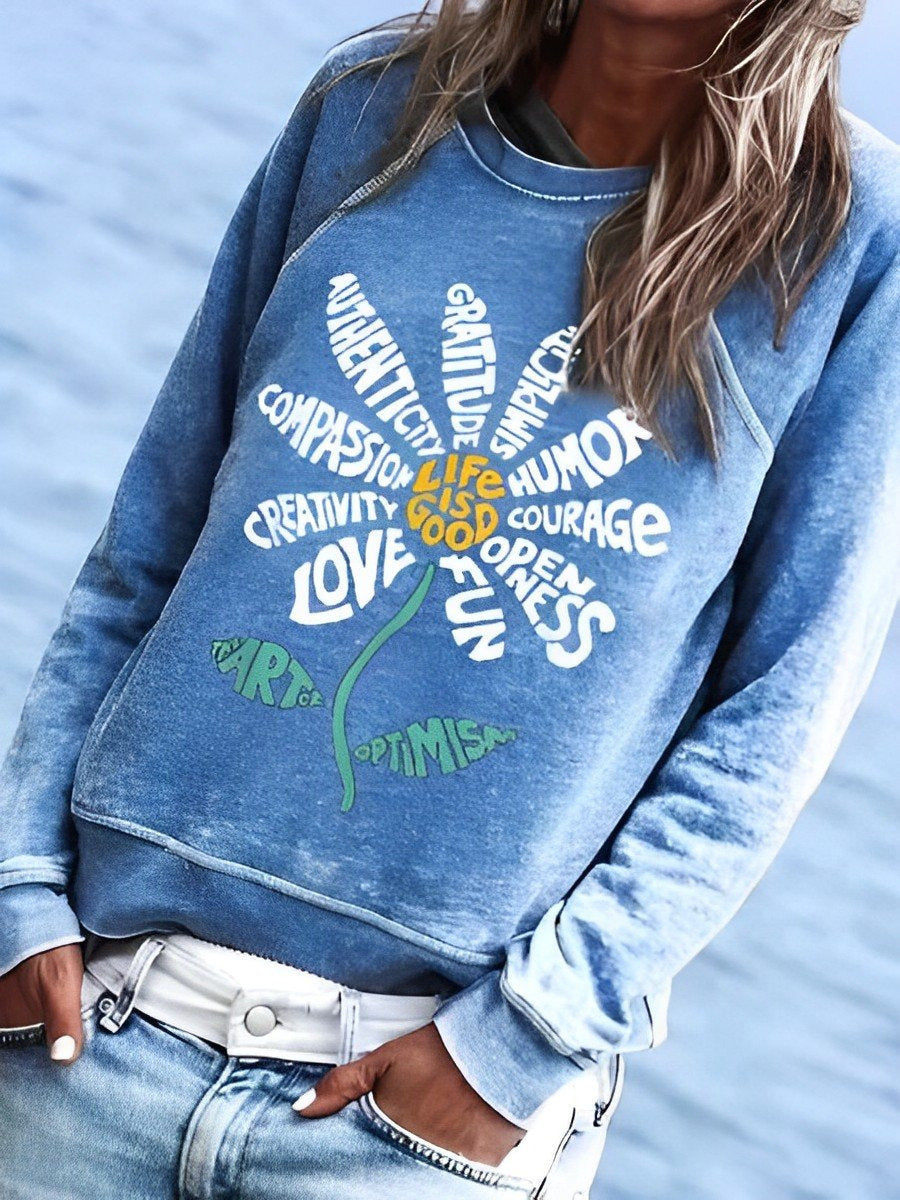 Round Neck Sunflower Floral Casual Long Sleeve Top Sweatshirt  QV63