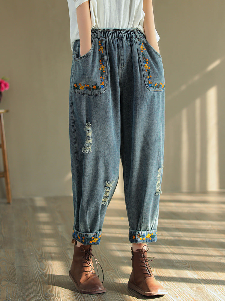 Vintage zerrissene bestickte Denim Haremshose OP1025