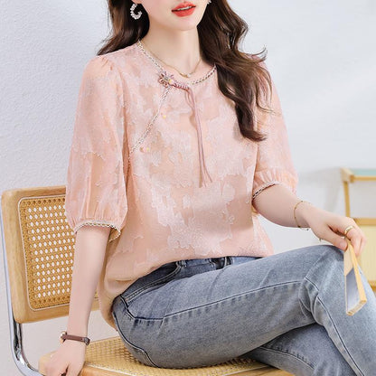 Pink Chinese Button-up Jacquard Shirt