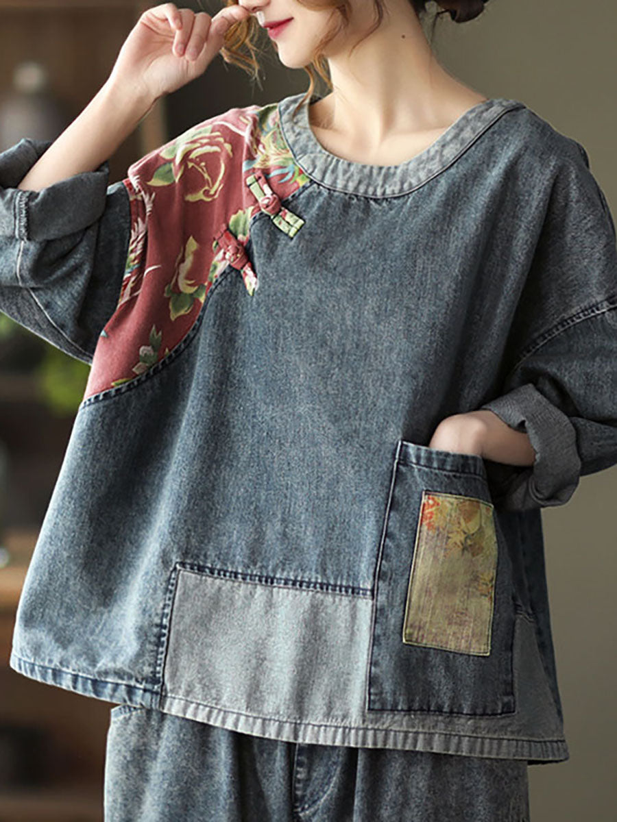 Sweat-shirt en denim à imprimé patchwork rétro pour femmes, grande taille, SC1032