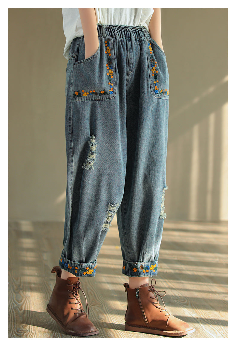 Vintage zerrissene bestickte Denim Haremshose OP1025