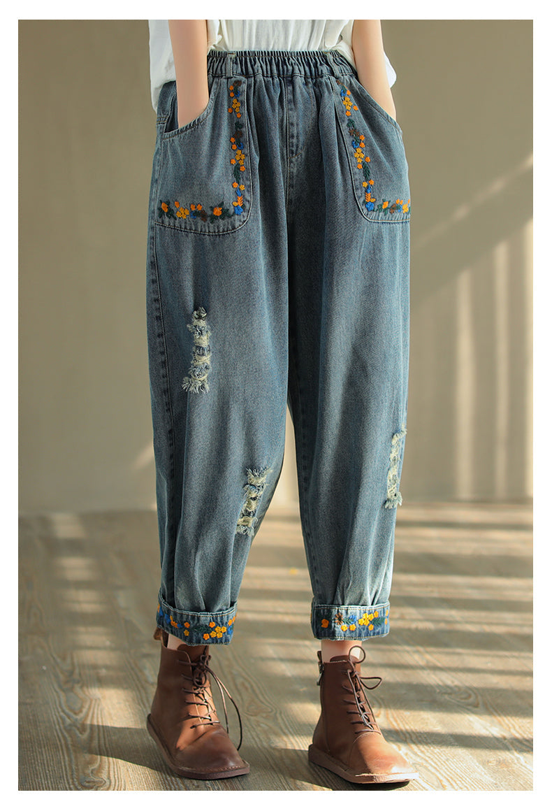 Vintage zerrissene bestickte Denim Haremshose OP1025