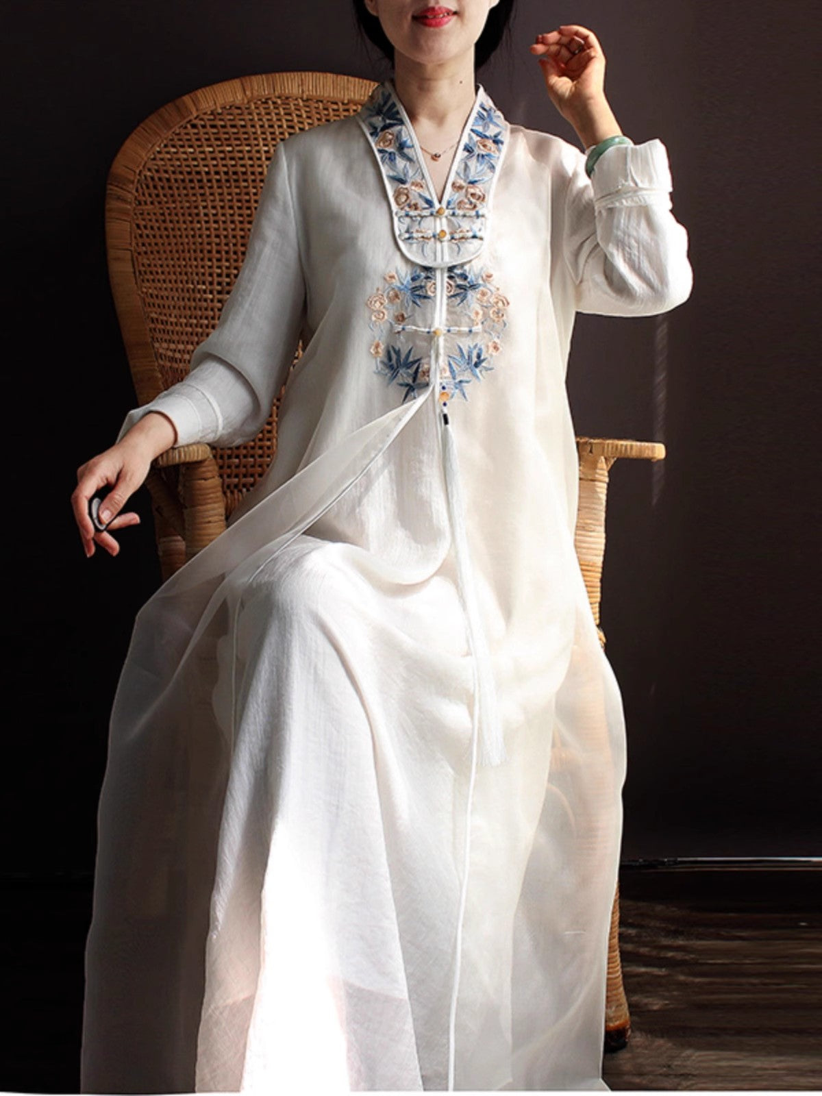 Bohemian Yellow V Neck Embroideried Patchwork Silk Dress Spring LY1698
