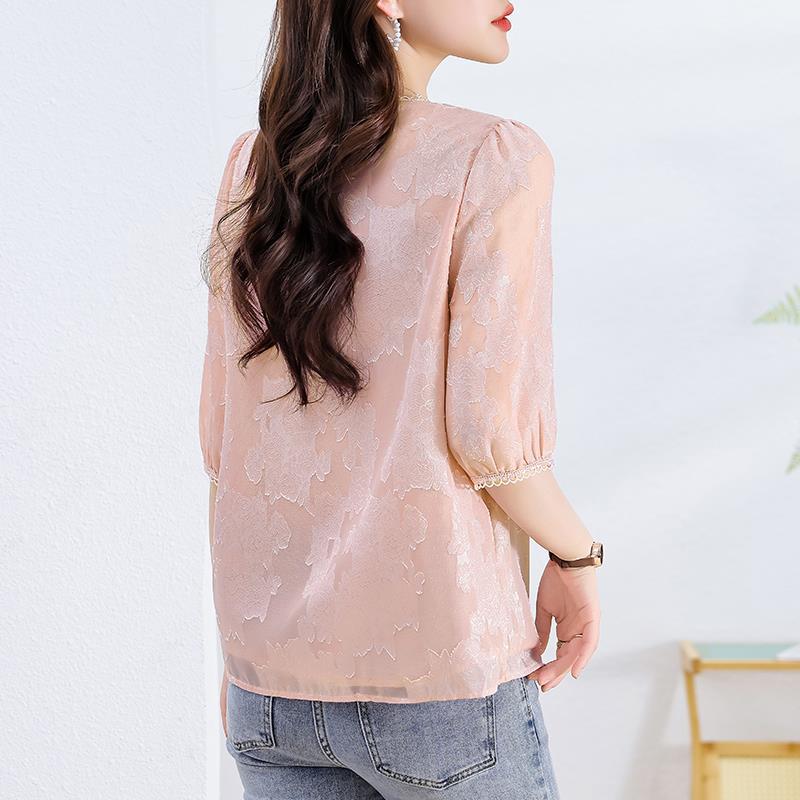 Chemise jacquard rose à boutons chinois