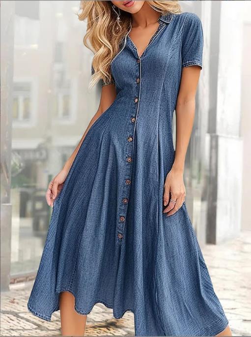 Buttoned Denim Blue V Neck Casual Loose Plain Dress  QM81