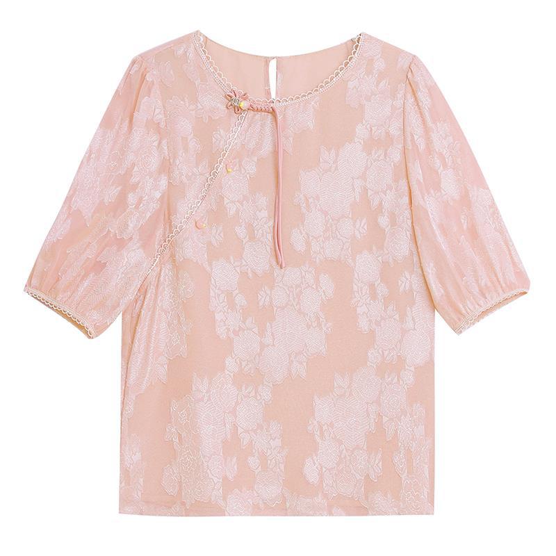 Chemise jacquard rose à boutons chinois