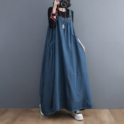 Classy Navy Oversized Exra Large Hem Denim Strap Dresses Fall AH347