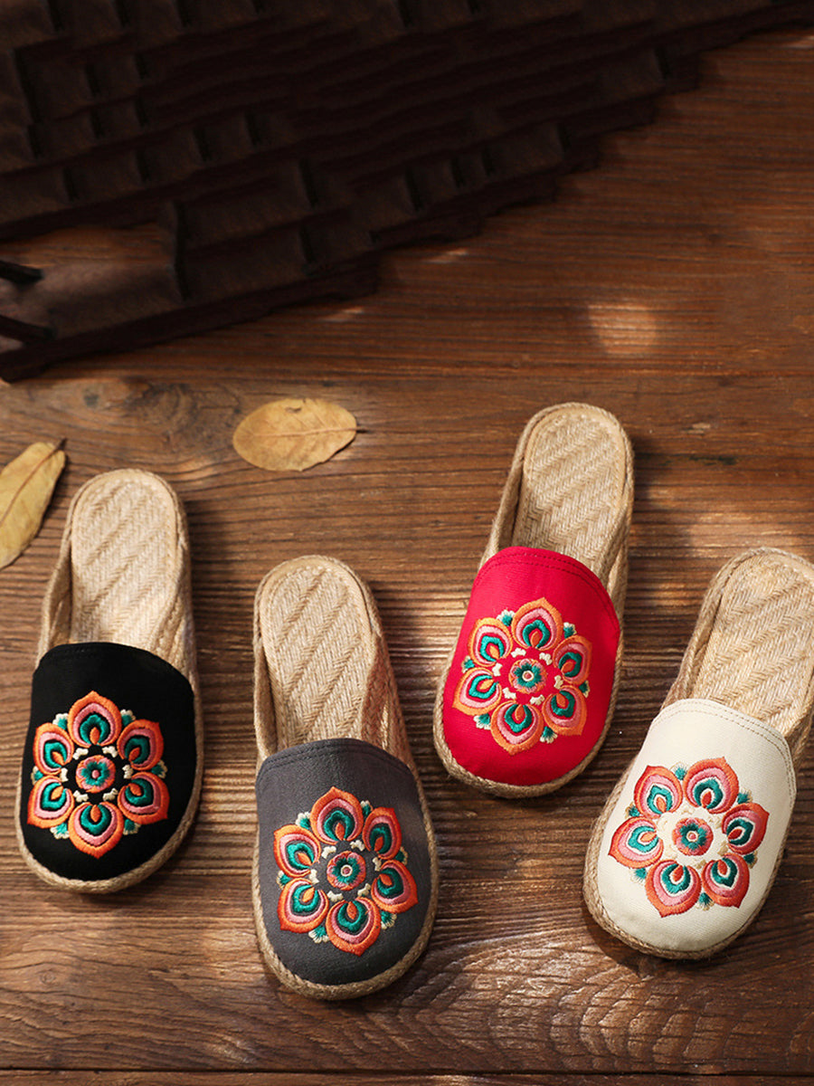 Women Summer Ethnic Flower Embroidert Straw Slippers II1017