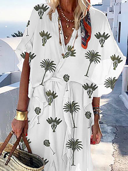 Women Casual Sundress Sexy V-neck Lantern Sleeve Floral Print Elegant Loose Bohemian Beach Dress  WJ83