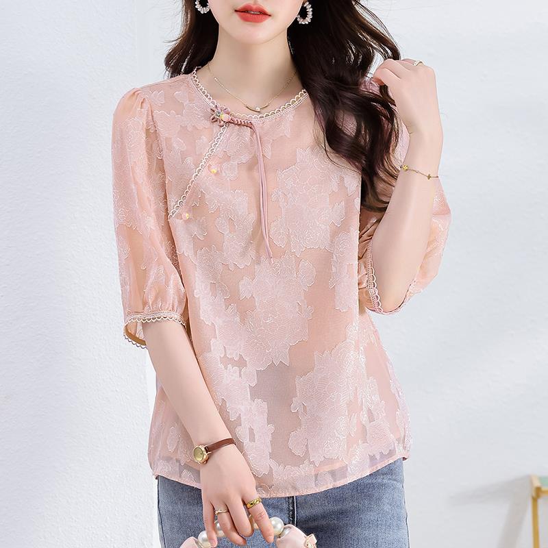 Chemise jacquard rose à boutons chinois