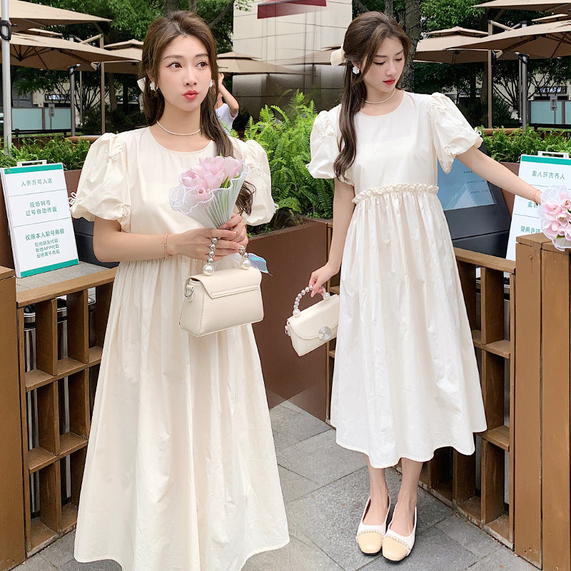 Beige Ruffled Patchwork Maxi Dress Short Sleeve BV032