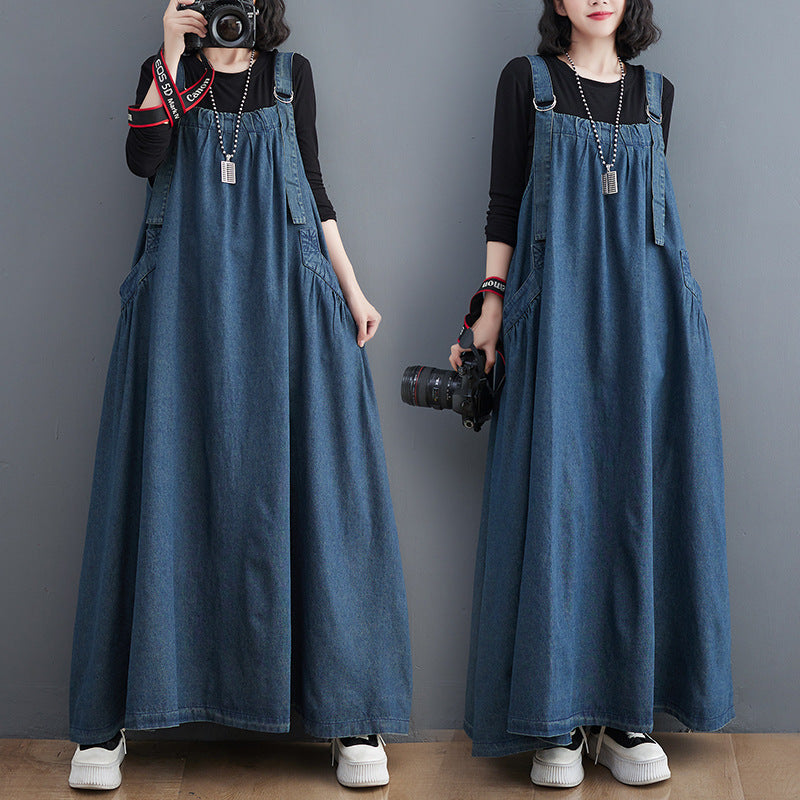 Classy Navy Oversized Exra Large Hem Denim Strap Dresses Fall AH347