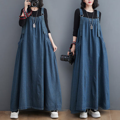 Classy Navy Oversized Exra Large Hem Denim Strap Dresses Fall AH347