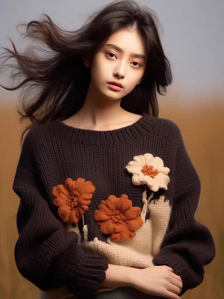 Floral Brown O Neck  Cotton Knit Sweaters Fall ML3297