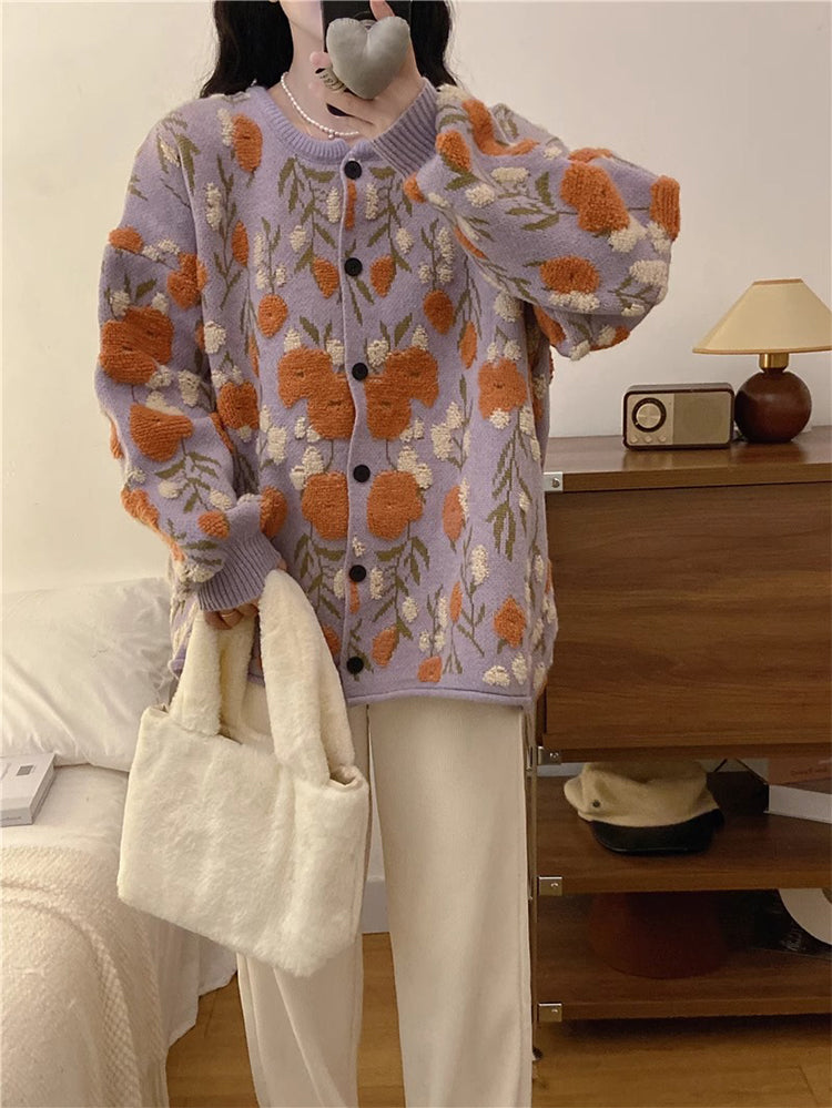 Unique Apricot Floral Gemütlicher Baumwoll Strickpullover Langarm ML3291