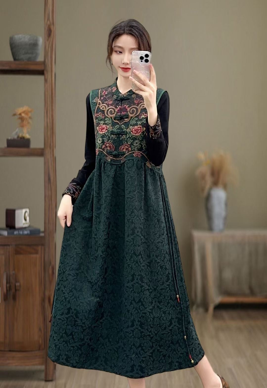 Green O Neck Cotton Dresses Spring LY2553
