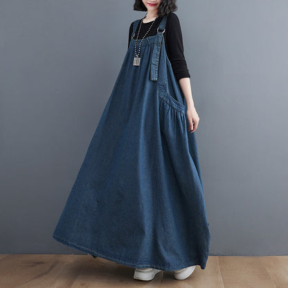 Classy Navy Oversized Exra Large Hem Denim Strap Dresses Fall AH347