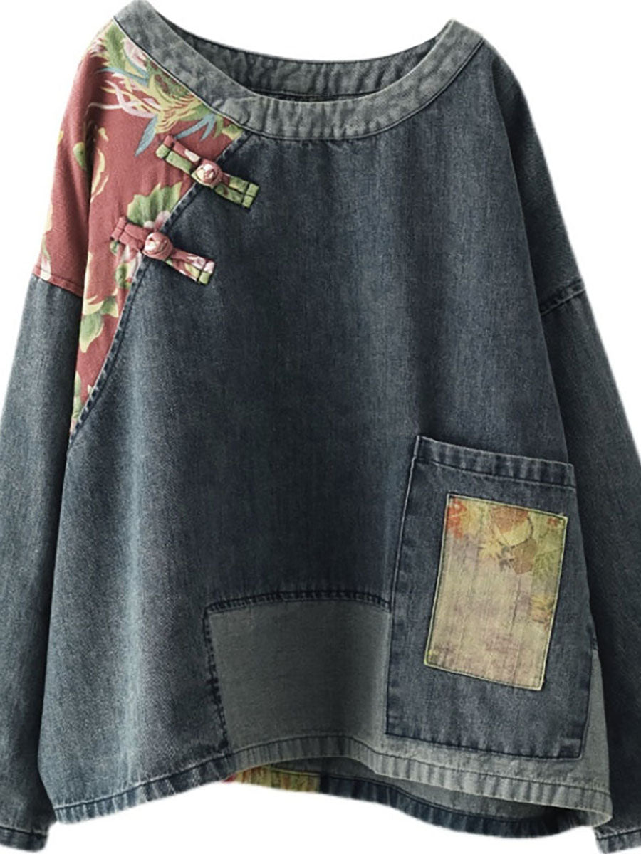 Sweat-shirt en denim à imprimé patchwork rétro pour femmes, grande taille, SC1032