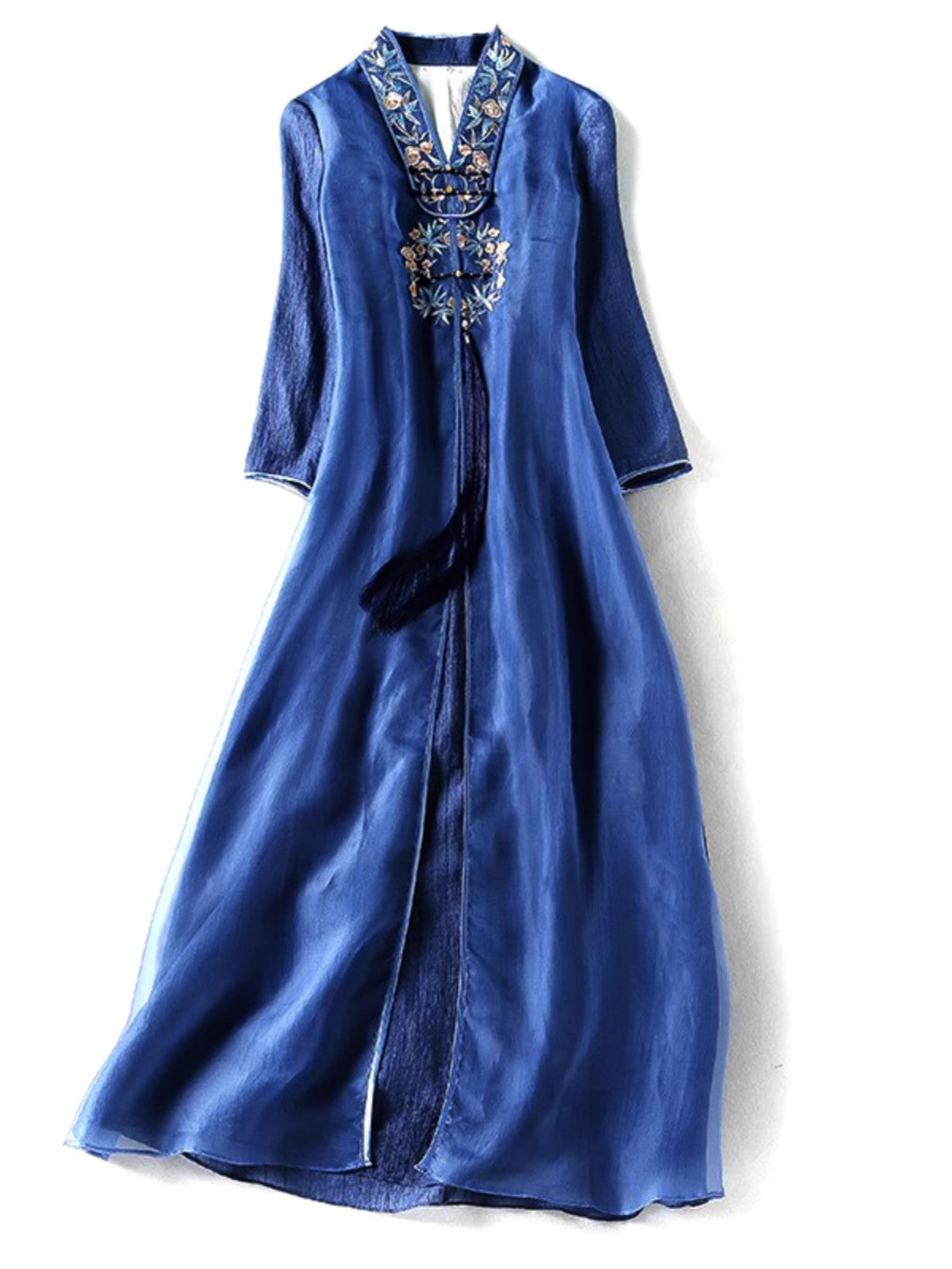 Bohemian Yellow V Neck Embroideried Patchwork Silk Dress Spring LY1698