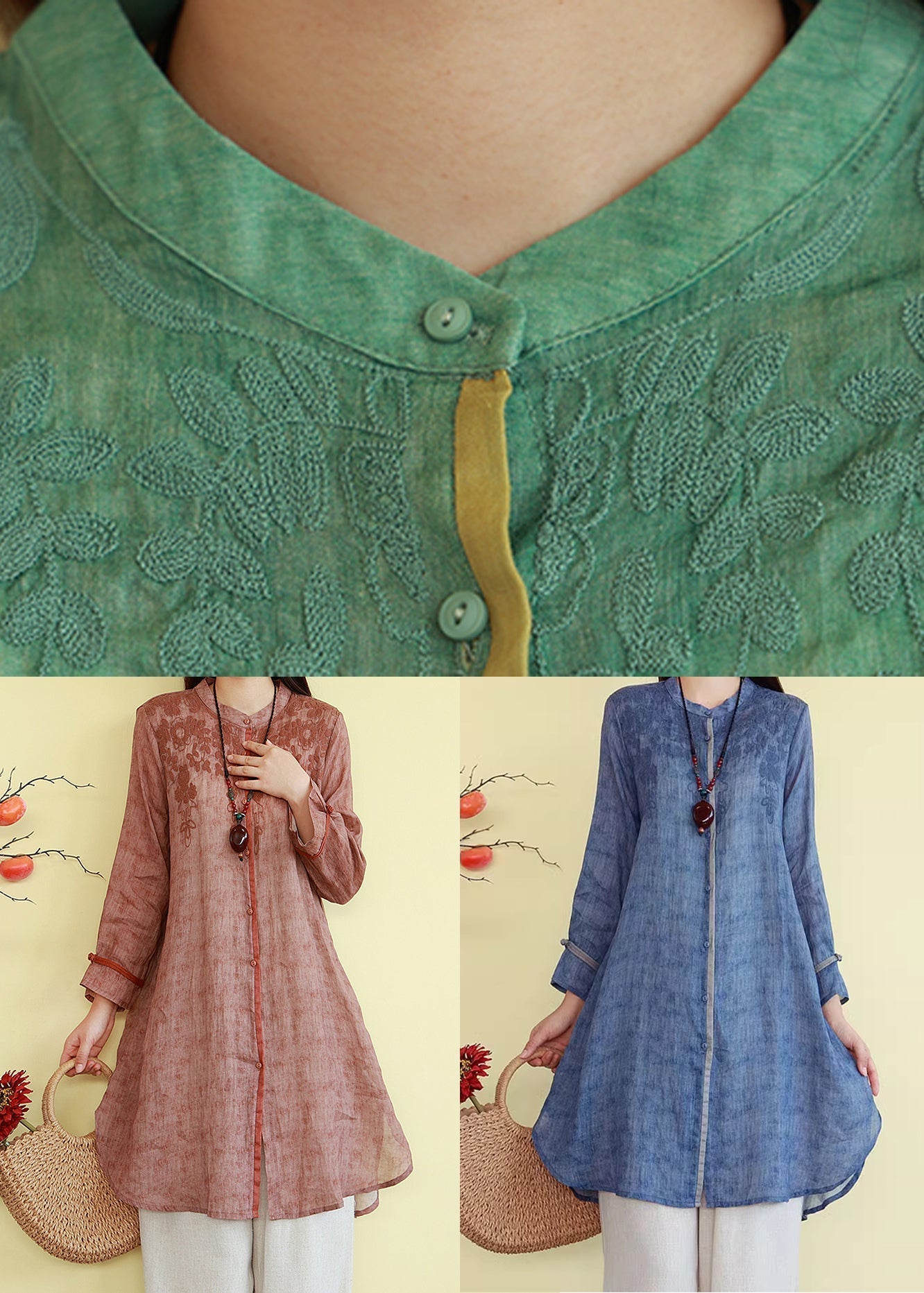 Linen O-Neck Shirts Loose Button Fall Orange