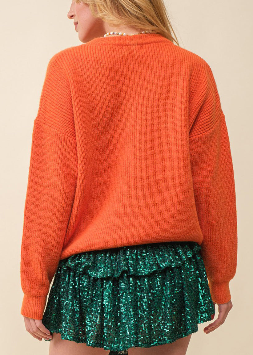 Orange ausgehöhlte Strickpullover mit Rundhalsausschnitt und langen Ärmeln AE1010