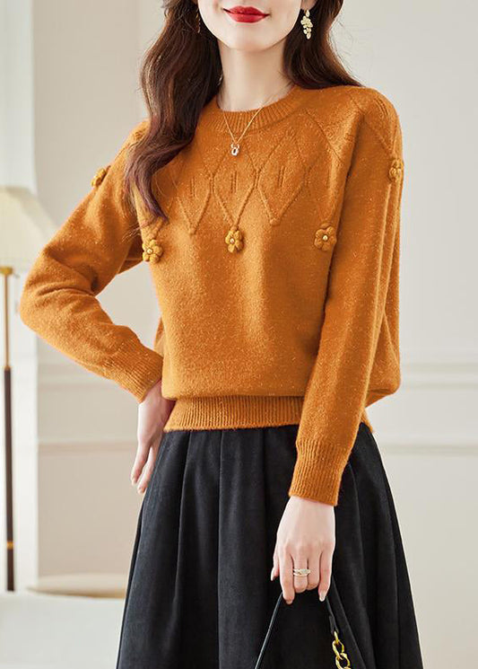 Orange Hollow Out Solid Knit Fall Sweaters O Neck QS012